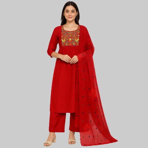Red traditional outfit with embroidery on a white background