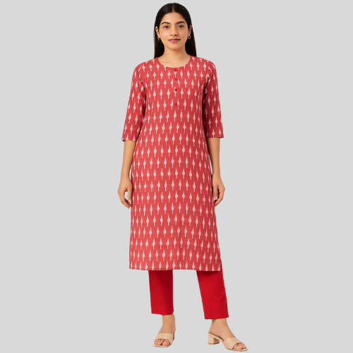 Pochampally Ikkat Red and White 2 Pcs Kurti Set