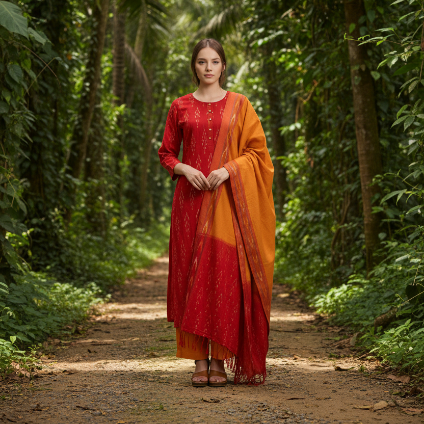 Woman wearing a red and orange traditional outfit with a matching dupatta on a white background
