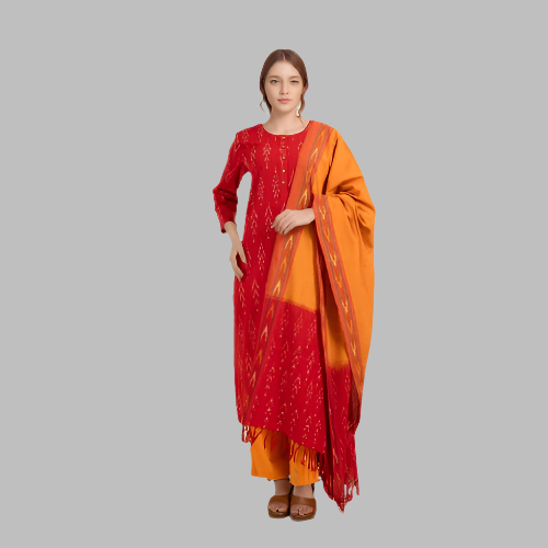 Woman wearing a red and orange traditional outfit with a matching dupatta on a white background