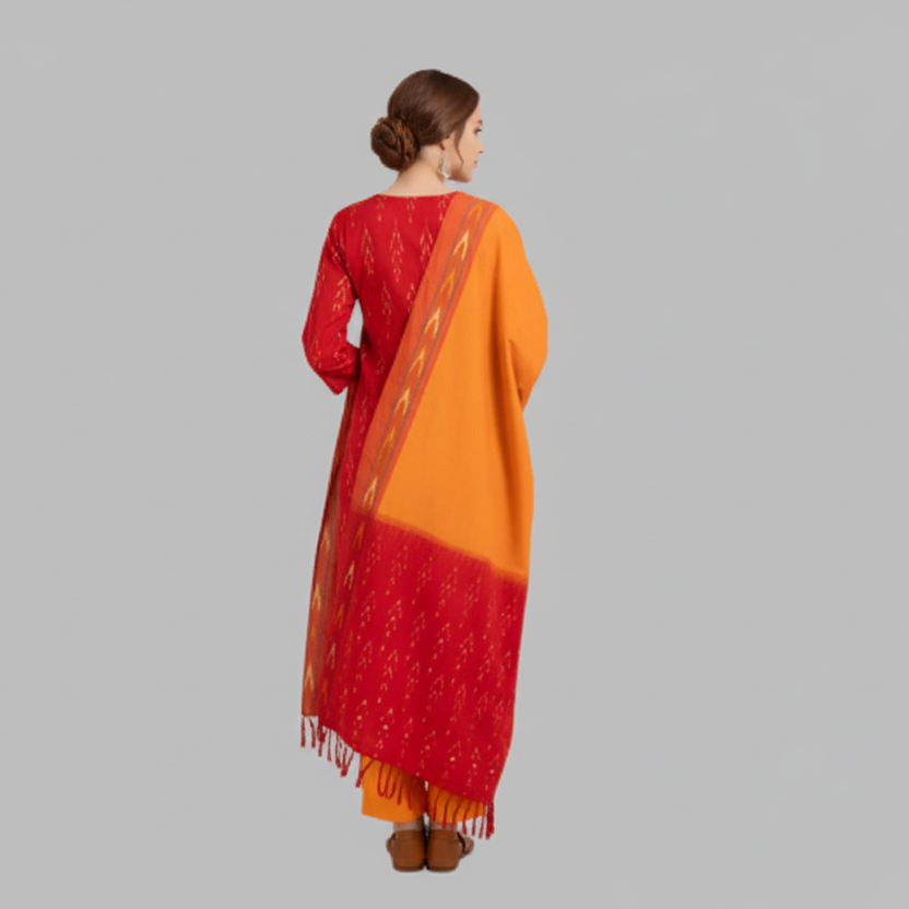 Woman wearing a red and orange traditional outfit on a gray background