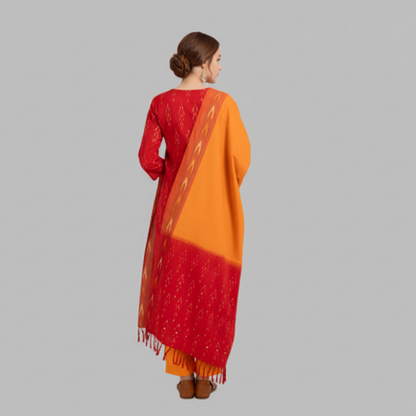 Woman wearing a red and orange traditional outfit on a gray background