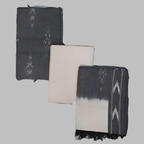Three folded fabric swatches in black, white, and a patterned design on a gray background
