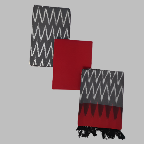 Two patterned scarves, one gray with white zigzag design and the other red with black zigzag design, on a white background.