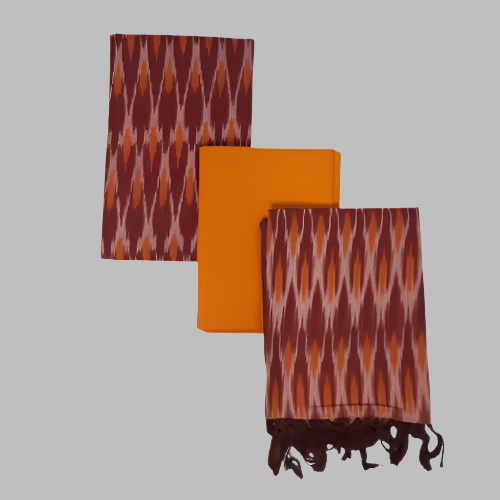 Three patterned scarves in brown, orange, and multicolor on a white background