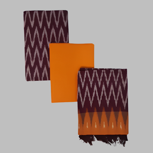 Three scarves with zigzag pattern in purple and orange on a white background