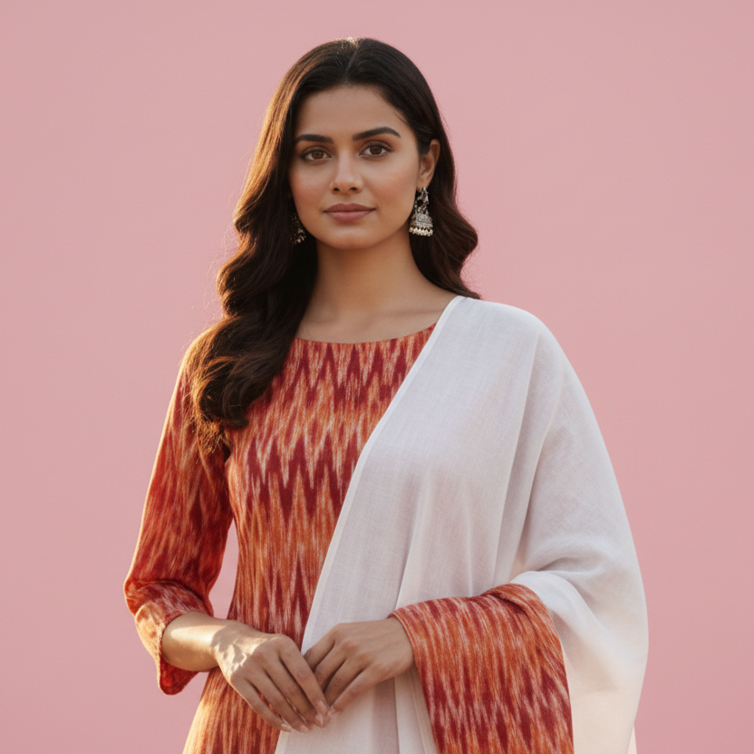 Woman in a traditional outfit standing in front of an architectural structure.