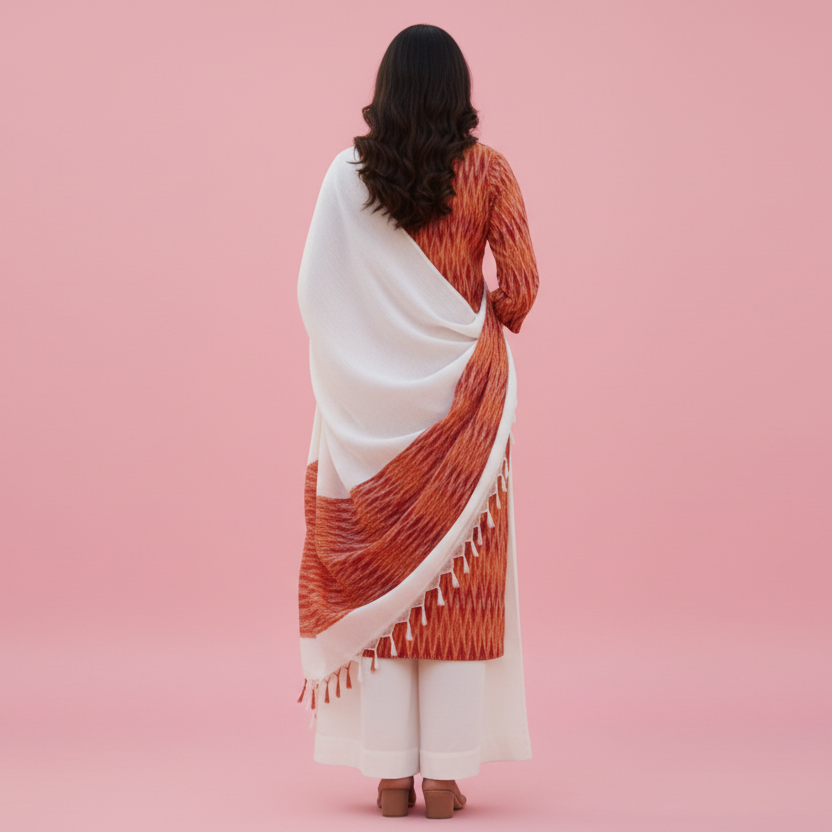 Woman in a traditional outfit standing in front of an architectural structure.