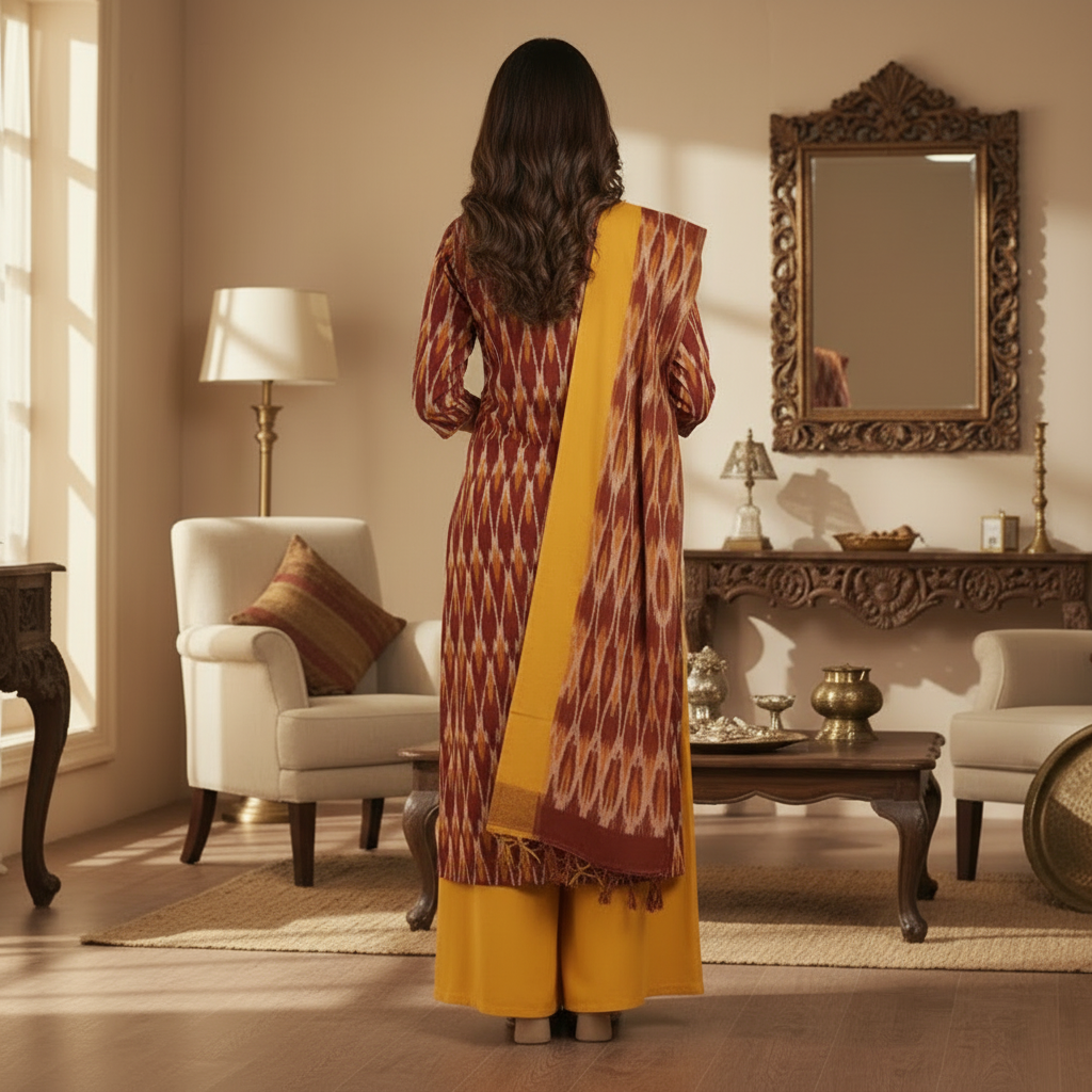 Woman in a patterned dress standing in a living room