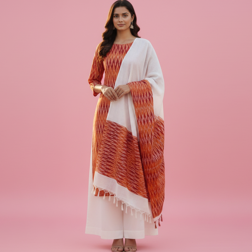 Two patterned scarves on a gray background