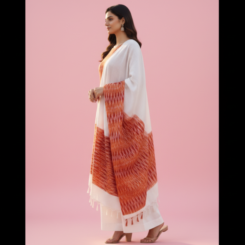 Woman in a traditional outfit standing in front of an architectural structure.
