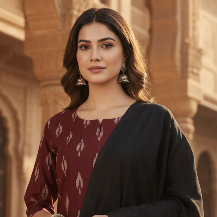 Woman in traditional attire standing in an ornate courtyard