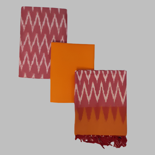 Set of three scarves with zigzag pattern in red, orange, and pink on a white background
