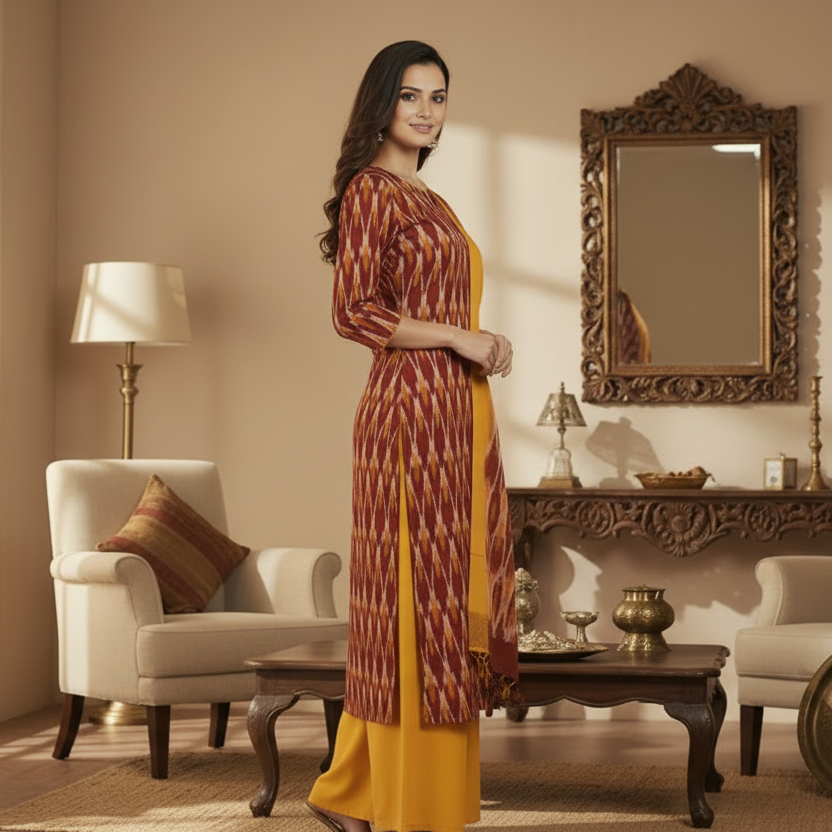 Woman in a patterned dress standing in a living room