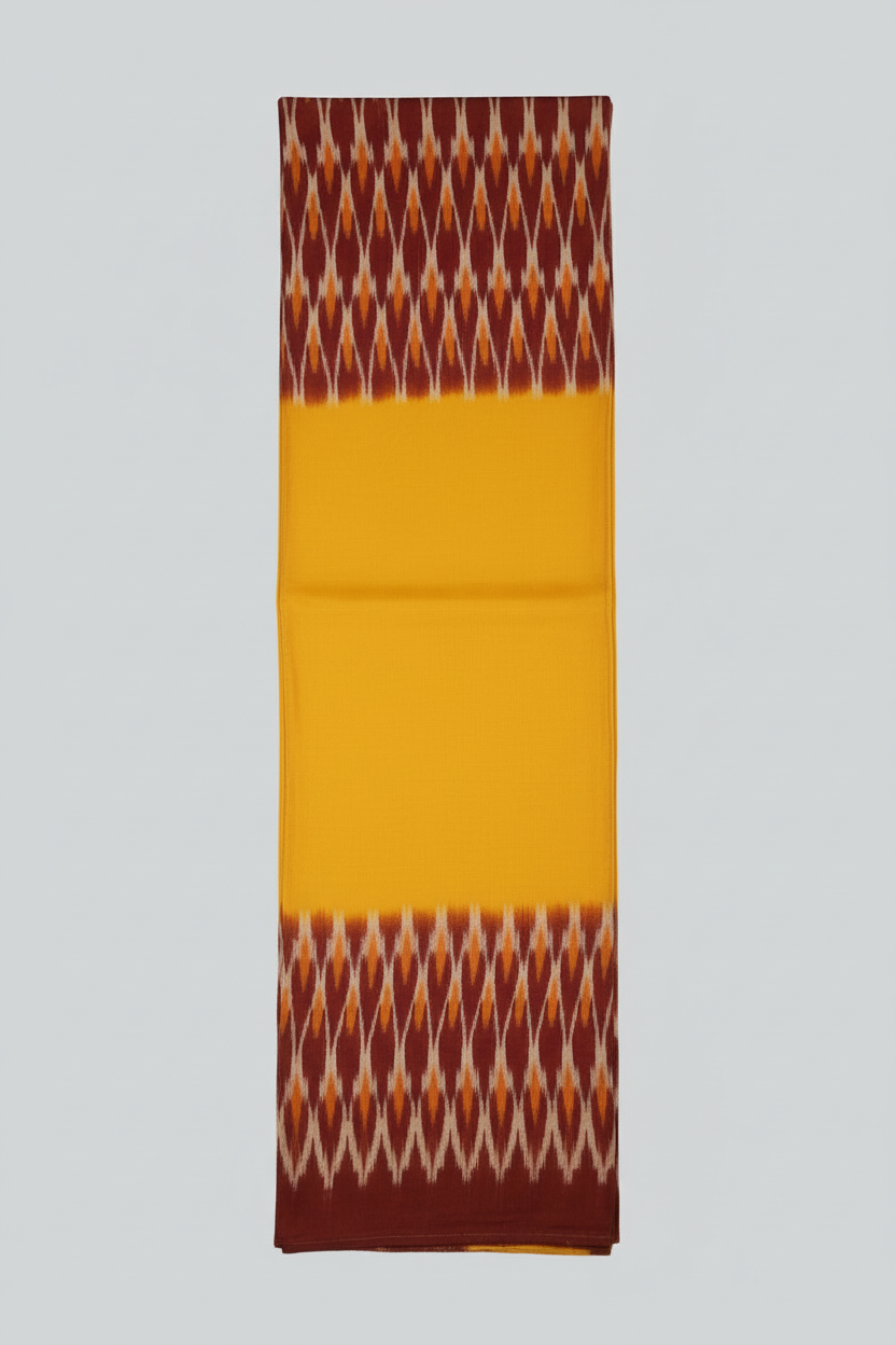 Woman wearing a brown and yellow patterned kurta with a matching dupatta on a white background