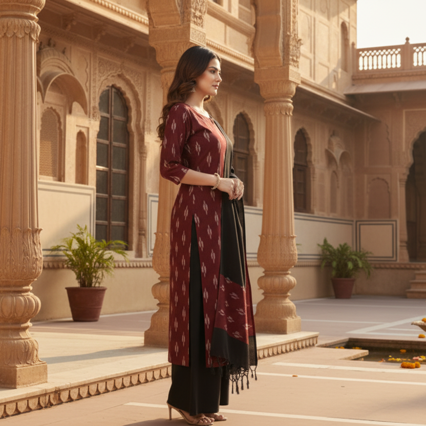 Woman in traditional attire standing in an ornate courtyard