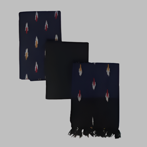 Black scarves with white and red designs on a white background