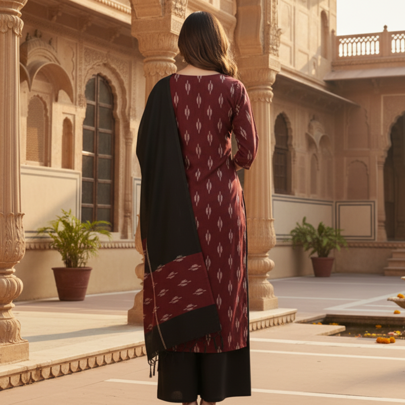 Woman in traditional attire standing in an ornate courtyard