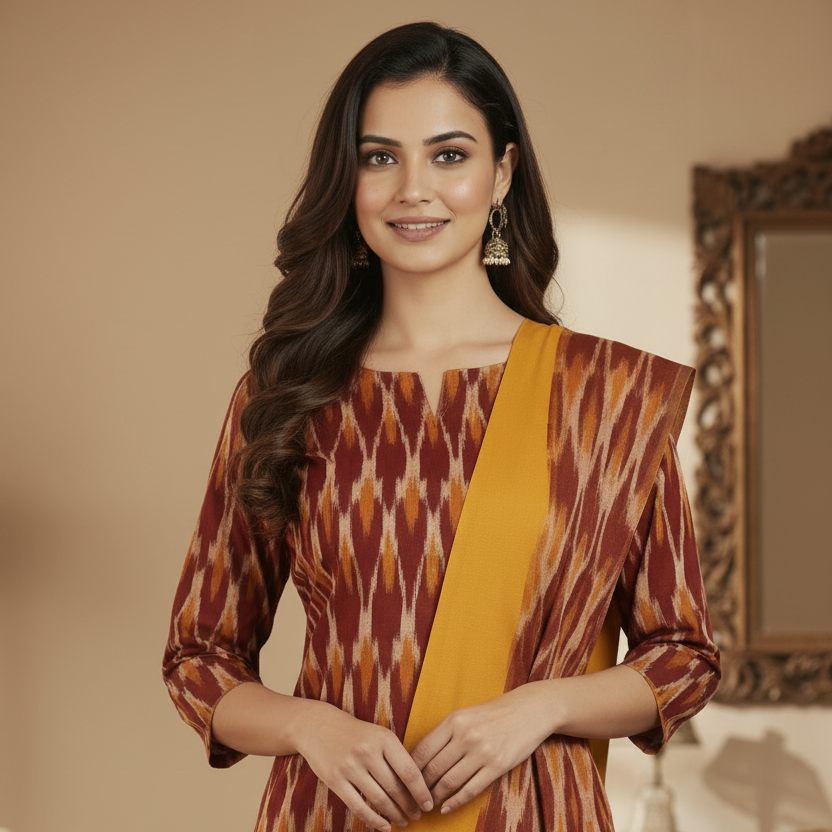 Woman in a patterned dress standing in a living room
