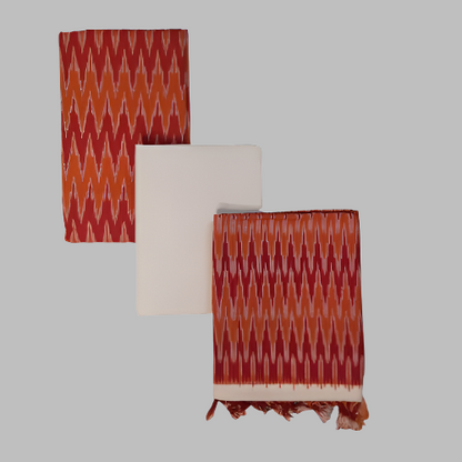 Two patterned scarves with a third plain scarf in the center on a white background