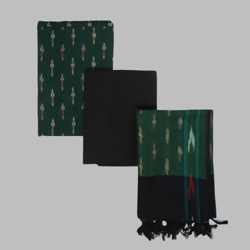 Two green and black patterned scarves on a gray background