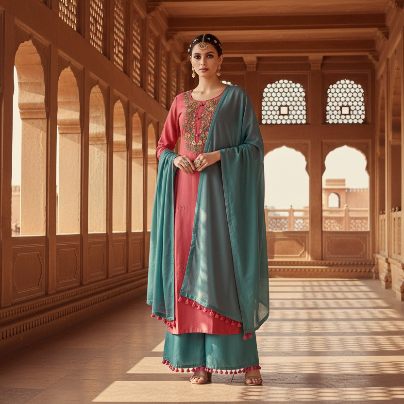Woman wearing a red and teal traditional outfit with a matching dupatta on a gray background