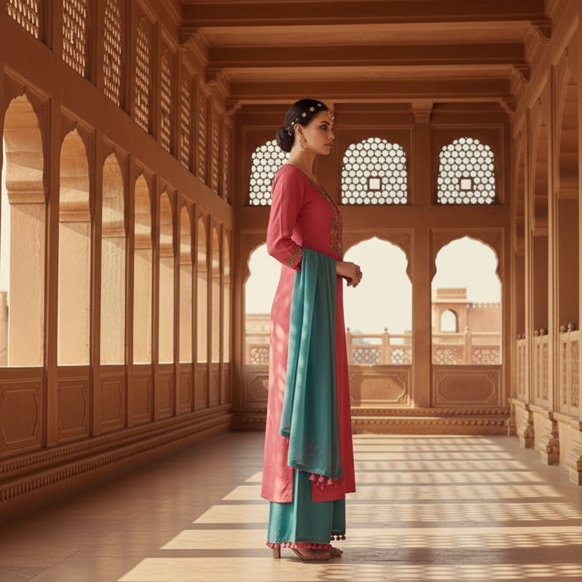 Woman in traditional outfit standing in a historic architectural setting