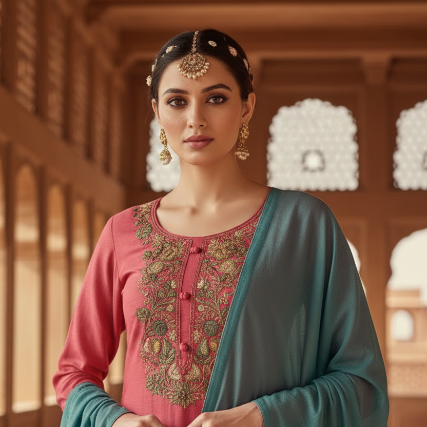 Woman in traditional outfit standing in a historic architectural setting