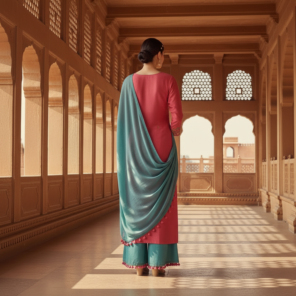 Woman in traditional outfit standing in a historic architectural setting