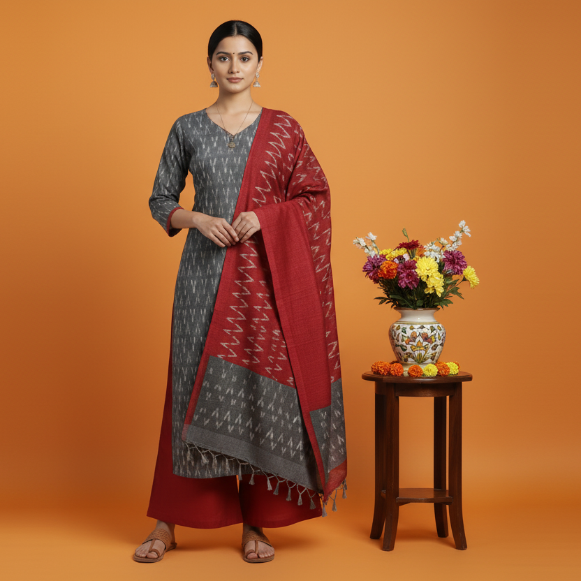 Two patterned scarves, one red and one with a geometric design, on a gray background.