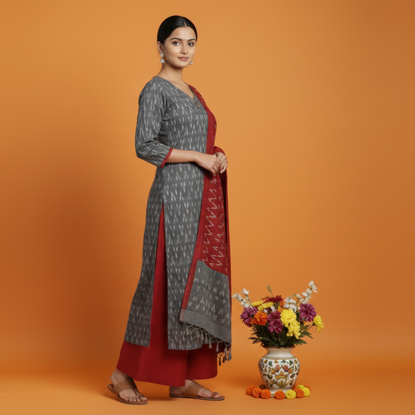 Woman in a gray and red traditional outfit standing next to a small wooden table with a vase of flowers on an orange background.