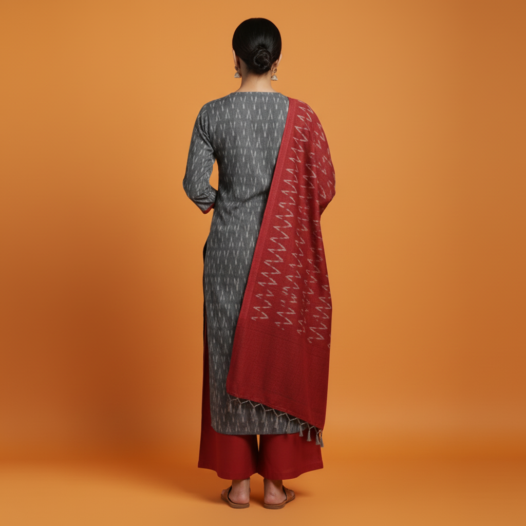 Woman in a gray and red traditional outfit standing next to a small wooden table with a vase of flowers on an orange background.