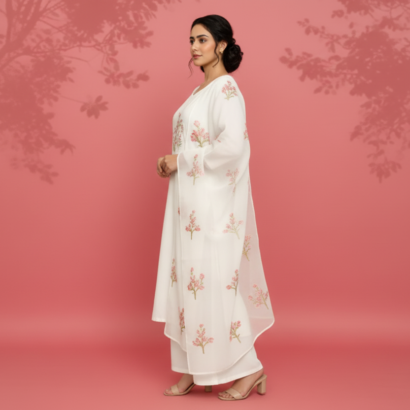 Woman wearing a white outfit with floral patterns on a pink background