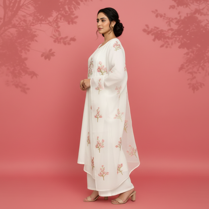 Woman wearing a white outfit with floral patterns on a pink background