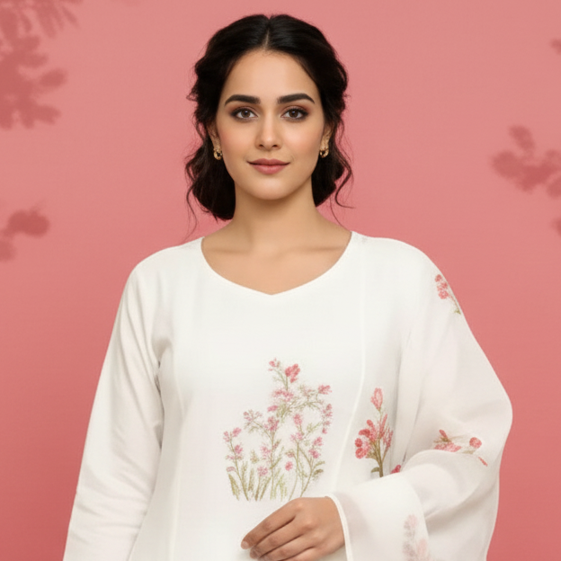 Woman wearing a white outfit with floral patterns on a pink background