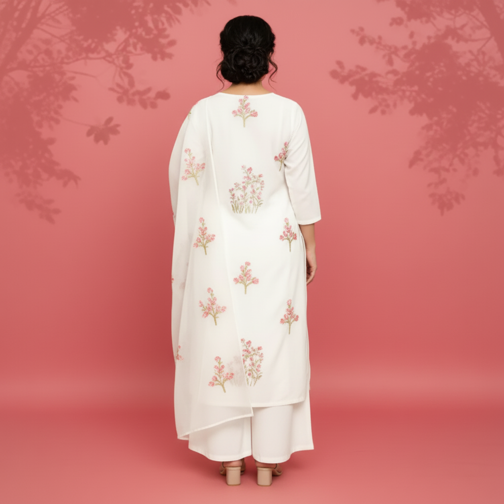 Woman wearing a white outfit with floral patterns on a pink background