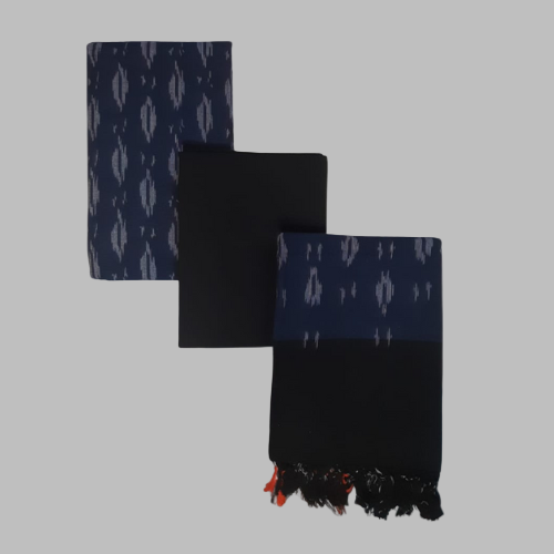 Set of three scarves with patterned and solid designs on a white background