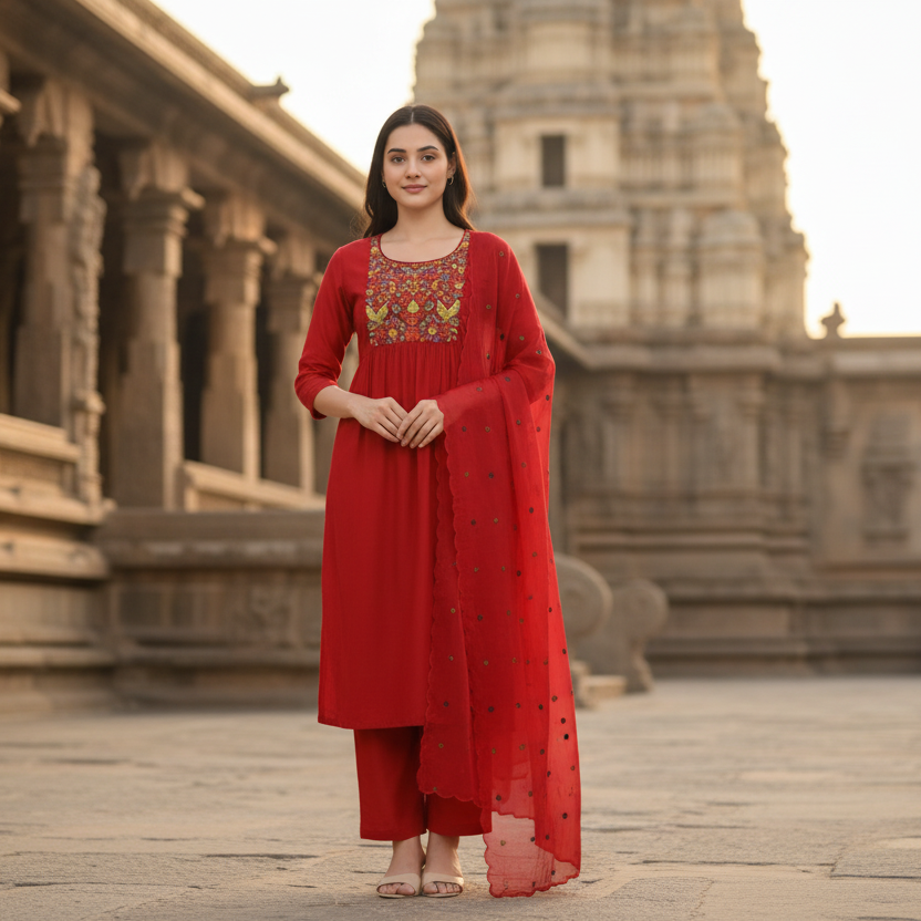 Woman wearing a red traditional outfit with embroidery on a gray background