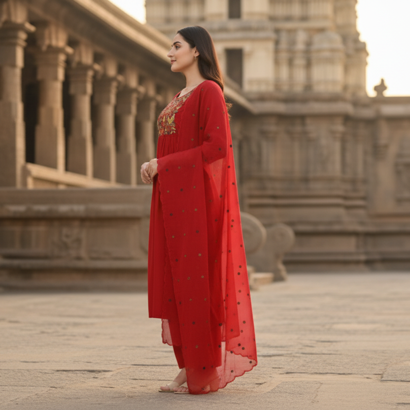Woman in a red traditional outfit standing in front of an ancient temple.