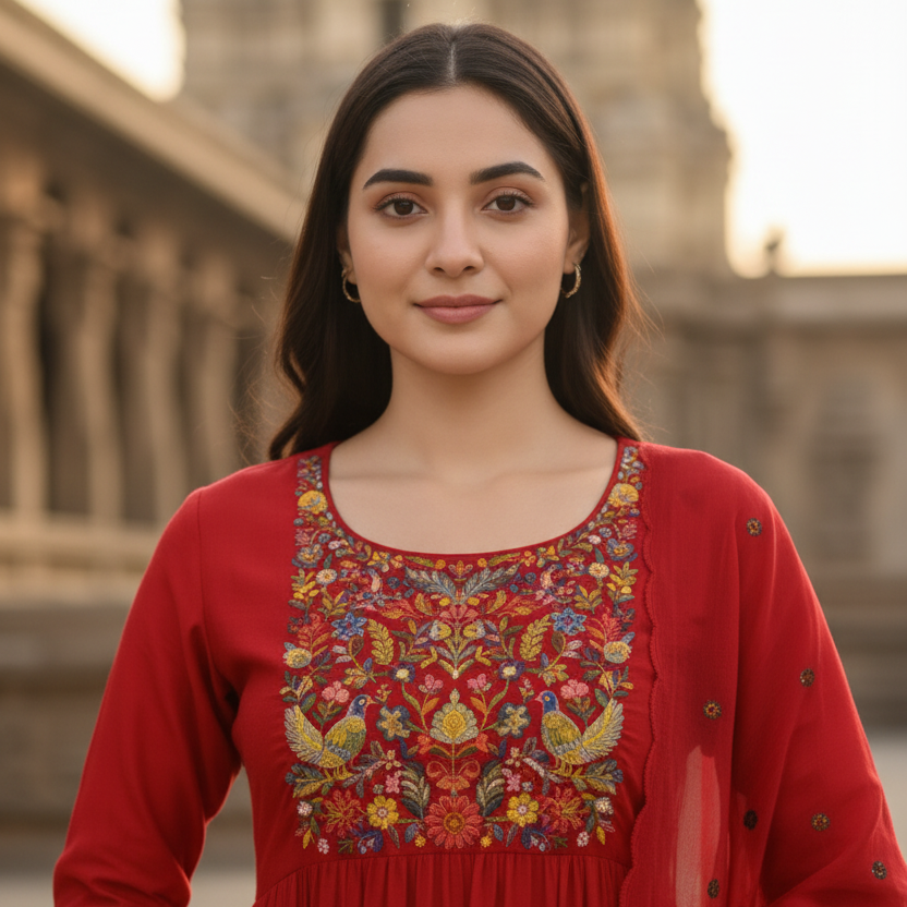 Red Embrodiery Kurti Set