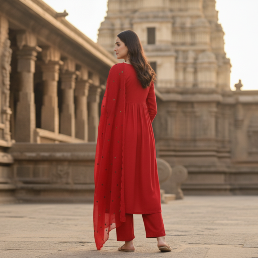 Woman in a red traditional outfit standing in front of an ancient temple.