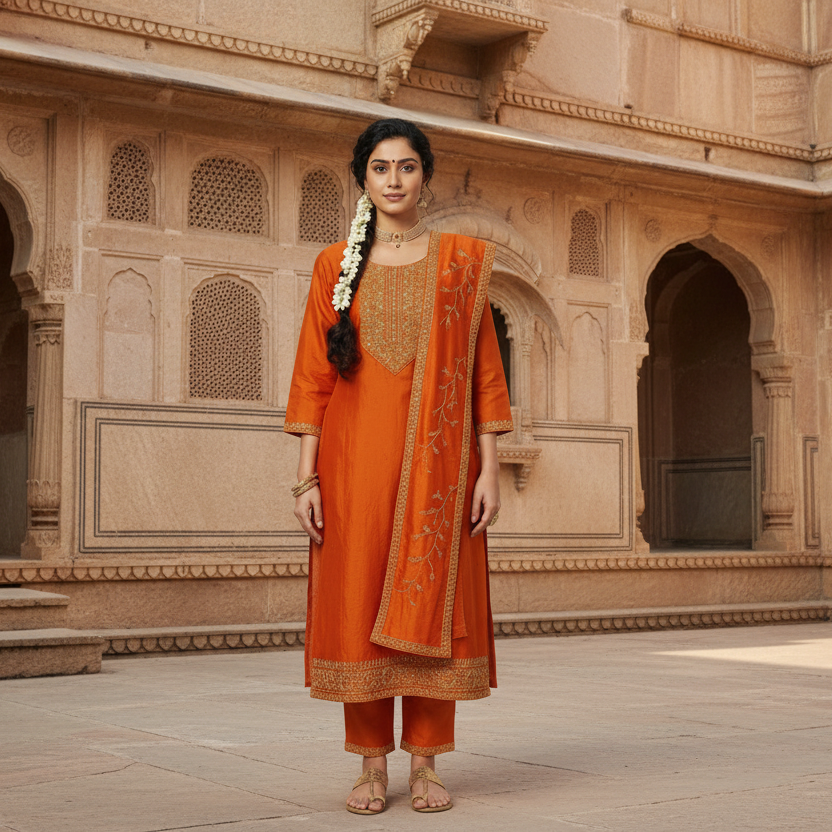 Woman wearing an orange embroidered traditional outfit on a gray background
