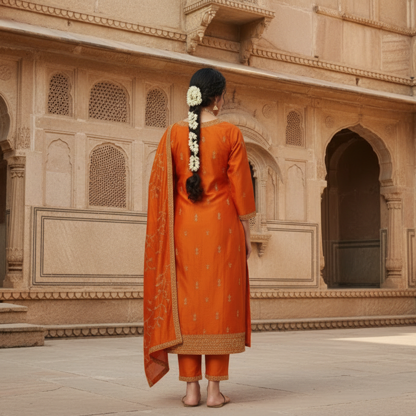 Woman in an orange traditional outfit standing in front of a historic building.