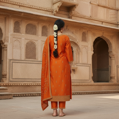 Woman in an orange traditional outfit standing in front of a historic building.