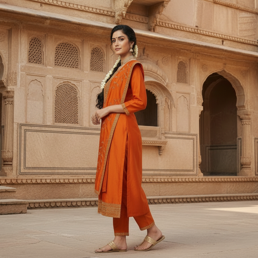 Woman in an orange traditional outfit standing in front of a historic building.
