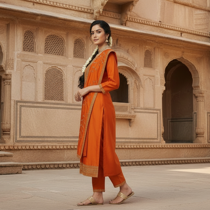 Woman in an orange traditional outfit standing in front of a historic building.