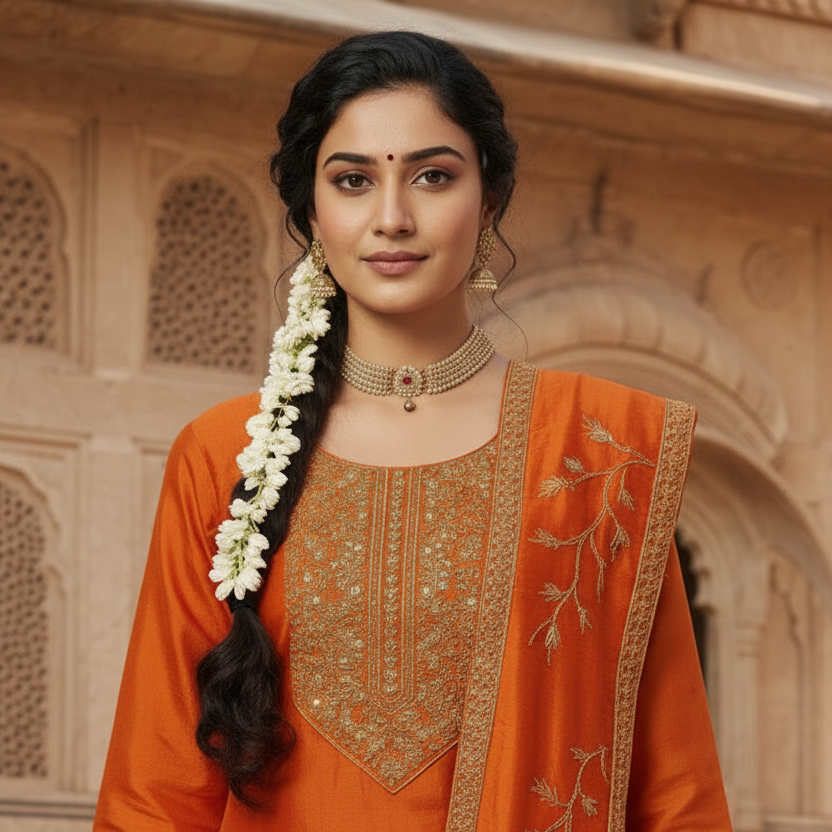 Woman in an orange traditional outfit standing in front of a historic building.