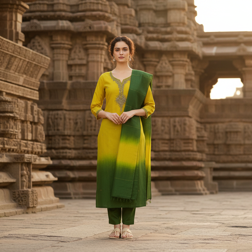 Woman wearing a yellow and green outfit with a plain background