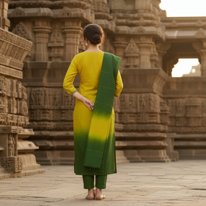 Woman in a yellow and green traditional outfit standing in front of ancient stone architecture.