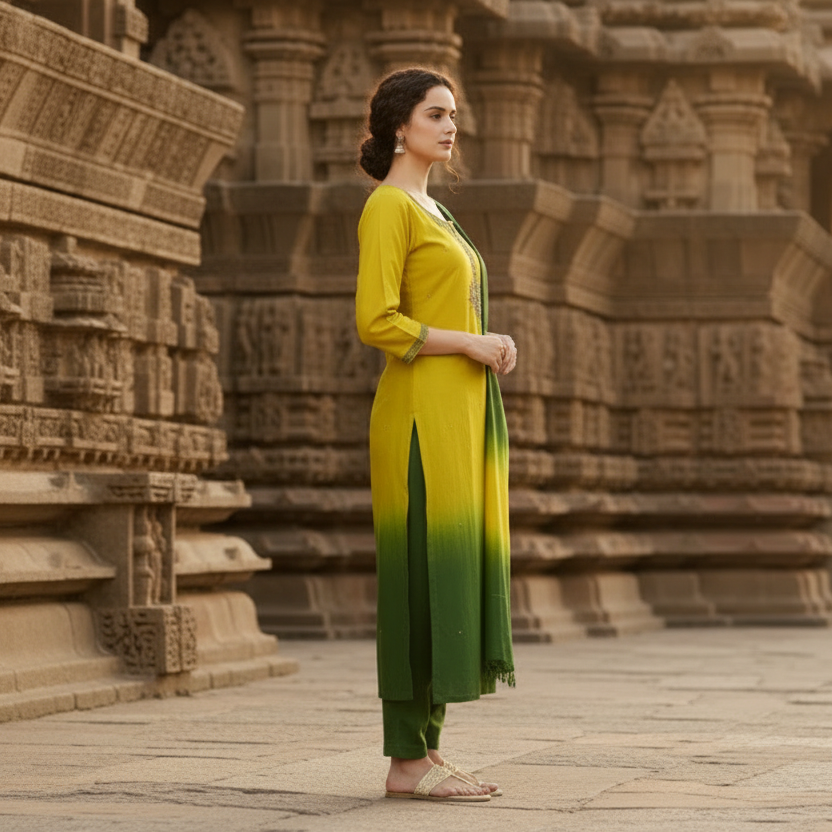 Woman in a yellow and green traditional outfit standing in front of ancient stone architecture.